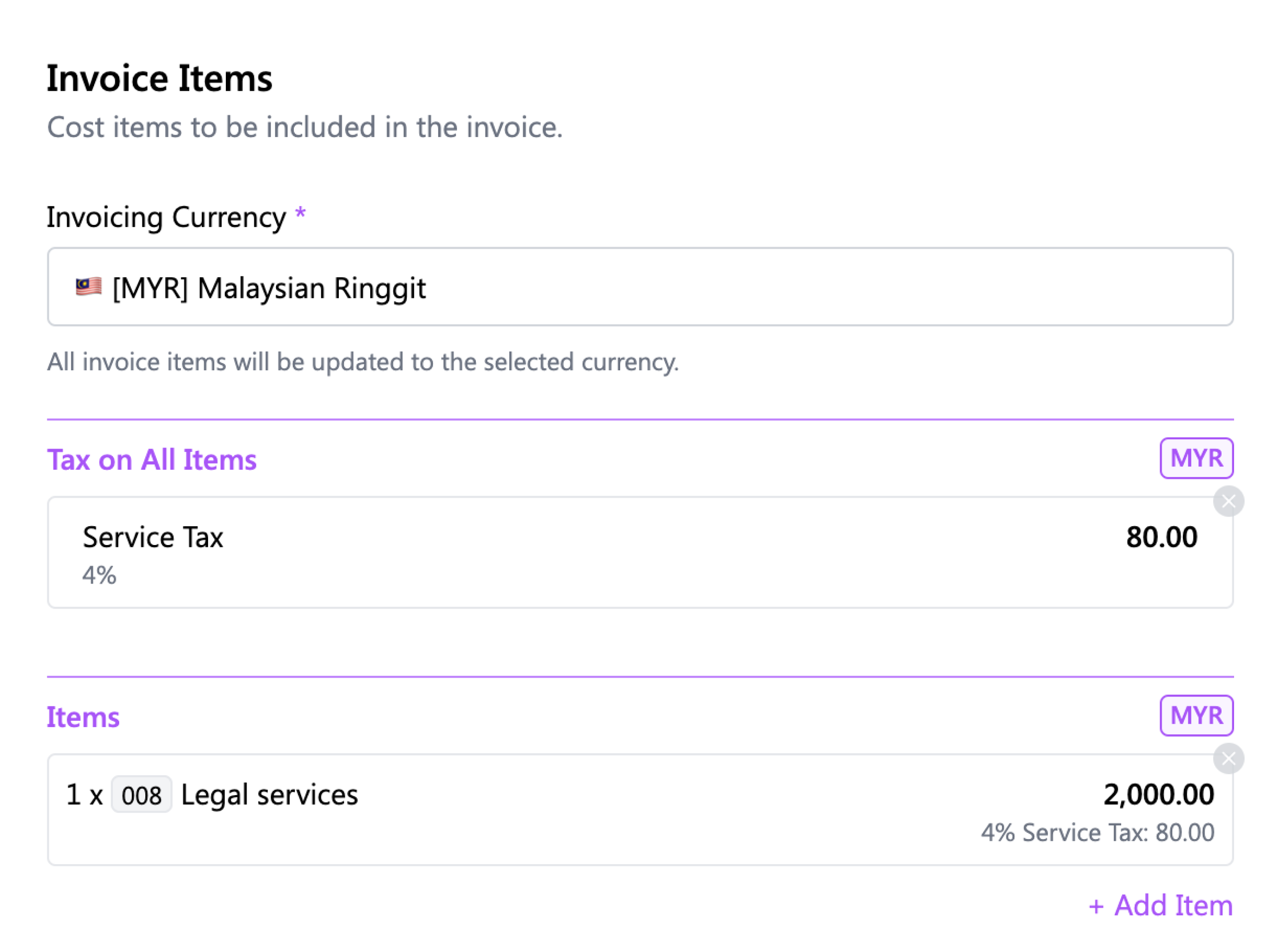 Invoice Items E-Invoicing